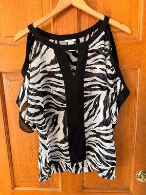 Cache Black & White Zebra Cold-Shoulder Blouse
